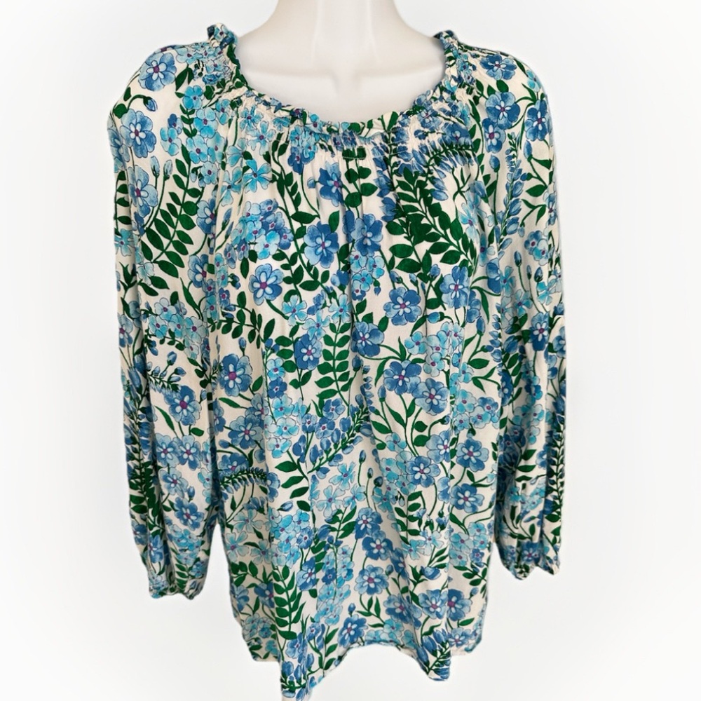 Talbots Blue Green Floral Peasant Blouse